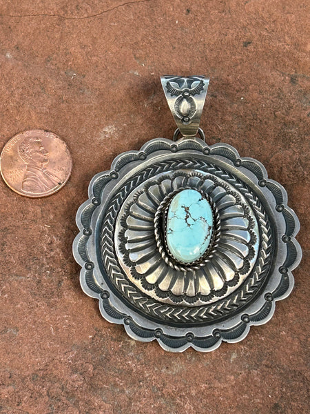 Navajo handcrafted sterling silver, genuine turquoise pendant, LZ073. 3” top to bottom.