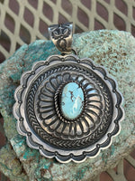 Navajo handcrafted sterling silver, genuine turquoise pendant, LZ073. 3” top to bottom.