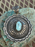 Navajo handcrafted sterling silver, genuine turquoise pendant, LZ073. 3” top to bottom.