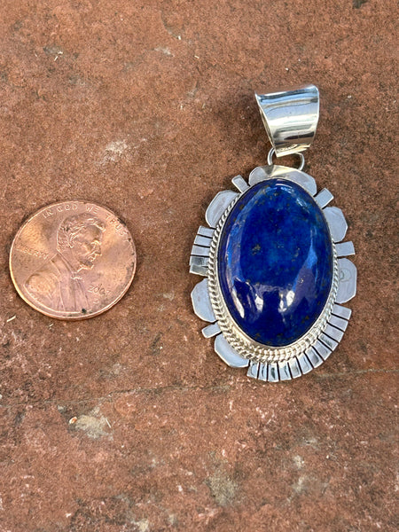Navajo handcrafted sterling silver, genuine lapis pendant, 2” top to bottom, LZ076