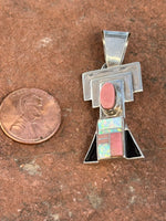 Navajo handcrafted sterling silver, lab opal, pink shell, pendant, LZ082. 1.85” top to bottom.