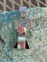 Navajo handcrafted sterling silver, lab opal, pink shell, pendant, LZ082. 1.85” top to bottom.