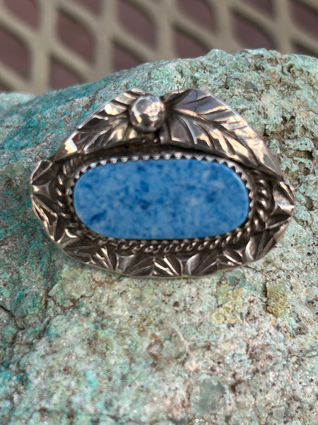 Navajo handcrafted sterling silver with Demim Lapis, 1.25 “ wide, brooch with pin on back.  LZ088