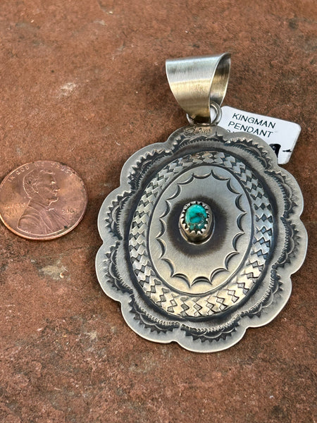 Navajo handcrafted sterling silver, genuine turquoise, 2.75” top to bottom, LZ091A