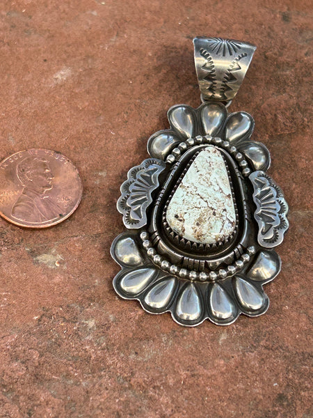 Navajo Handcraftec sterling silver, White Buffalo Stone, 2.75” top to bottom, LZ092