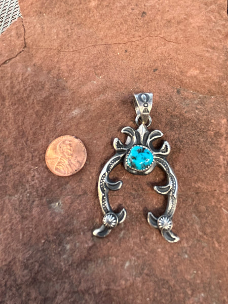 Navajo handcrafted sterling silver, genuine turquoise, 2.75” top to bottom LZ097