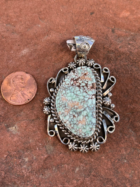Navajo handcrafted sterling silver and Dry Creek Genuine Turquoise pendant, 2.5” top to bottom, LZ100