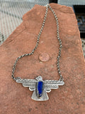 Navajo handcrafted sterling silver with genuine Lapis, necklace with 18” chain, 3” side to side wingspan, LZ108
