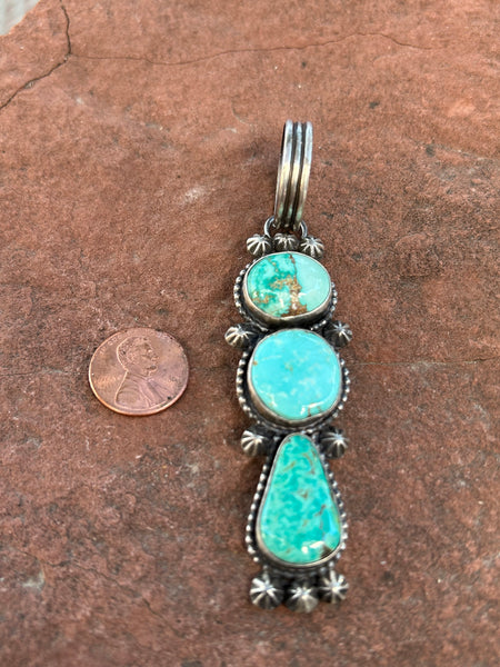 Navajo handcrafted sterling silver with genuine Royston Turquoise, 4” top to bottom, LZ109