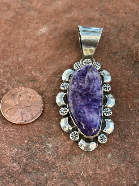 Navajo handcrafted sterling silver with Charoite, 2.25” top to bottom, LZ119