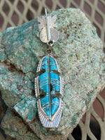 Zuni Handcrafted sterling silver and genuine turquoise pendant, 3.5” top to bottom Lz120. By T.Panteah.