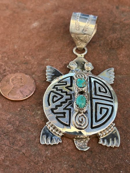 Navajo handcrafted sterling silver turtle pendant with genuine turquoise stones, 3” top to bottom, LZ123