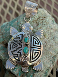 Navajo handcrafted sterling silver turtle pendant with genuine turquoise stones, 3” top to bottom, LZ123