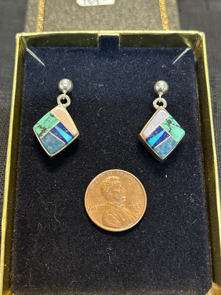 Navajo handcrafted sterling silver earrings with genuine stone inlay.  LZ198