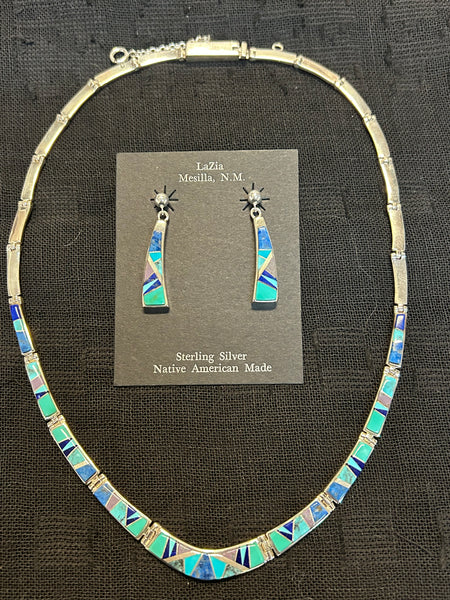 Navajo handcrafted sterling silver with genuine stone inlay in an earrings and necklace set.  LZ208.