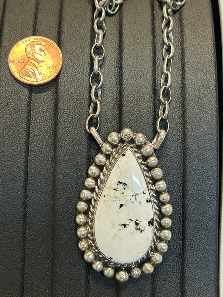 Navajo handcrafted sterling silver necklace with White Buffalo stone.  LZ313