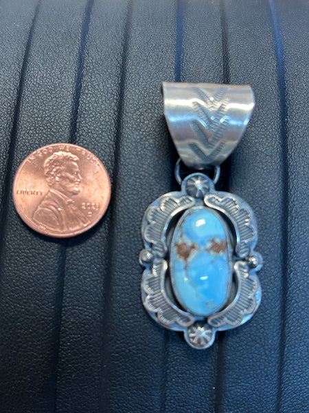 Navajo handcrafted sterling silver pendant by Greg Perry.  Golden Hills Turquoise stones.  LZ318