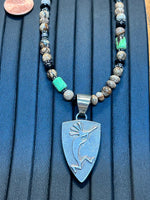 Navajo handcrafted sterling silver necklace with genuine stone inlsy and beads, LZ328