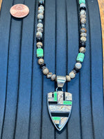 Navajo handcrafted sterling silver necklace with genuine stone inlsy and beads, LZ328