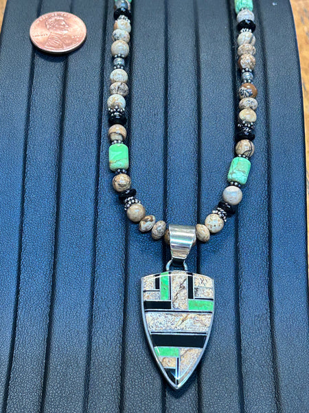 Navajo handcrafted sterling silver necklace with genuine stone inlsy and beads, LZ328