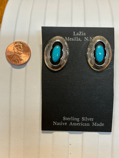 Navajo handcrafted sterling silver earrings with genuine turquoise.  LZ422