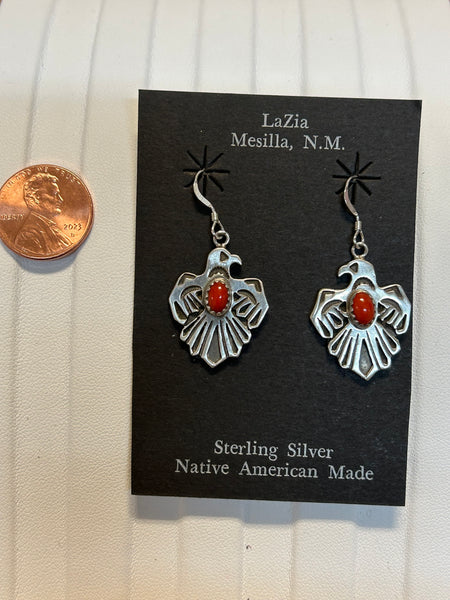 Navajo handcrafted sterling silver earrings with genuine coral.  LZ425