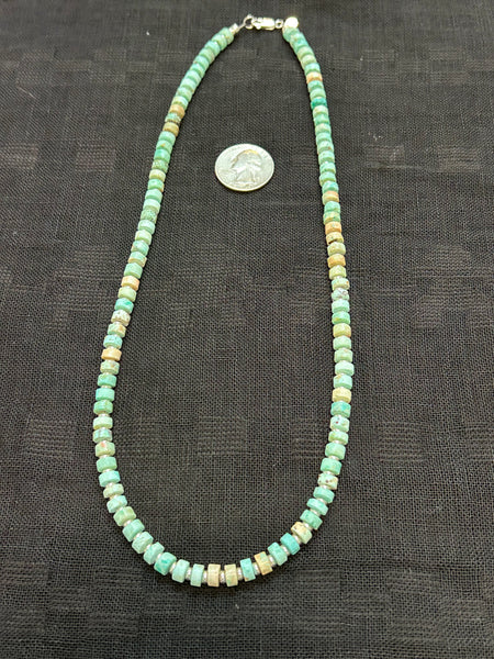 Genuine Turquoise beads with sterling silver beads and clasp necklace.  22” long.  SR1069