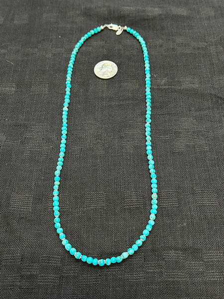 Genuine Kingman Turquoise 4 mm beads with sterling silver accents and clasp.  24” long, SR1072 FREE SHIPPING IN THE CONTINENTAL USA.