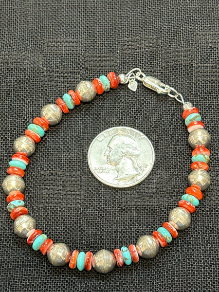 Genuine Kingman Turquoise with sterling silver and Spiney Oyster Shell beads in a bracelet.  SR1074 FREE SHIPPING IN THE CONTINENTAL USA.