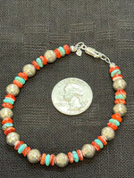 Genuine Kingman Turquoise with sterling silver and Spiney Oyster Shell beads in a bracelet.  SR1074 FREE SHIPPING IN THE CONTINENTAL USA.