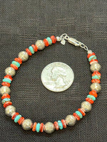 Genuine Kingman Turquoise with sterling silver and Spiney Oyster Shell beads in a bracelet.  SR1074