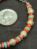 Genuine Kingman Turquoise with sterling silver and Spiney Oyster Shell beads in a bracelet.  SR1074 FREE SHIPPING IN THE CONTINENTAL USA.