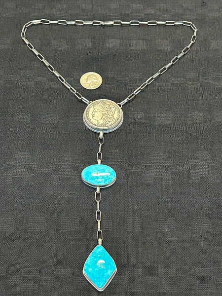 Navajo handcrafted sterling silver 1888 Silver Dollar and genuine turquoise necklace by B. Sam.  LZ467