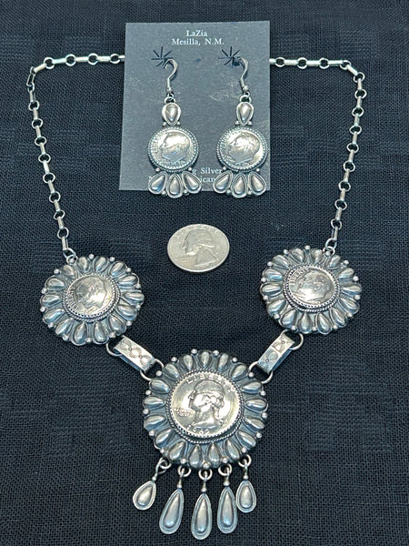 Navajo sterling silver necklace and earrings set by Marcella James.  LZ473