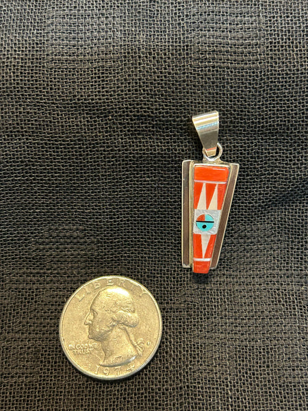 Zuni Handcrafted sterling silver pendant with Zuni Sun God image and genuine stone inlay.  LZ492