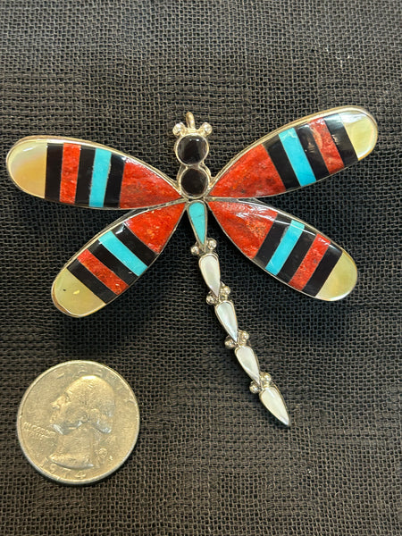 Zuni handcrafted sterling silver pin/pendant with genuine stone inlay.  LZ495