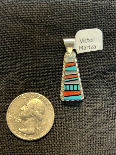 Zuni handcrafted sterling silver pendant with genuine stone inlay.  LZ496. By Victor Martza
