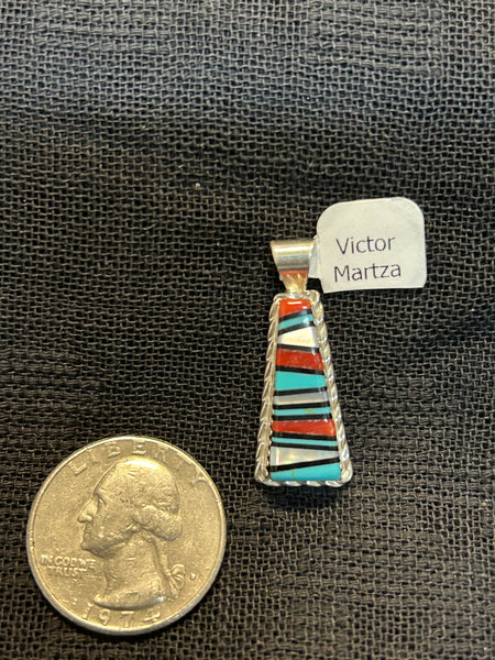 Zuni Handcrafted sterling silver pendant with genuine stone inlay.  BY Victor Martza.  LZ497