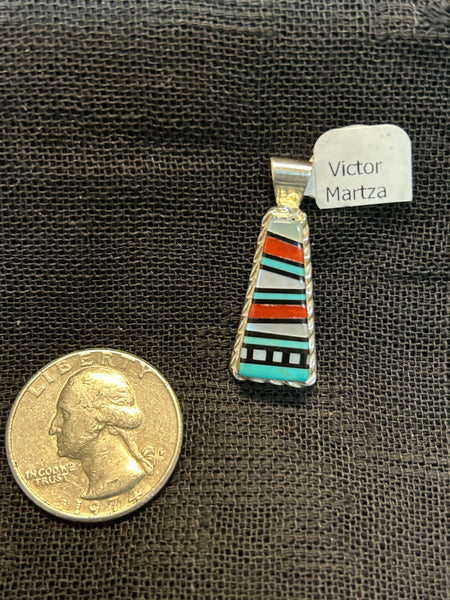 Zuni handcrafted sterling silver pendant with genuine stone inlay.  By Victor Martza.  LZ499