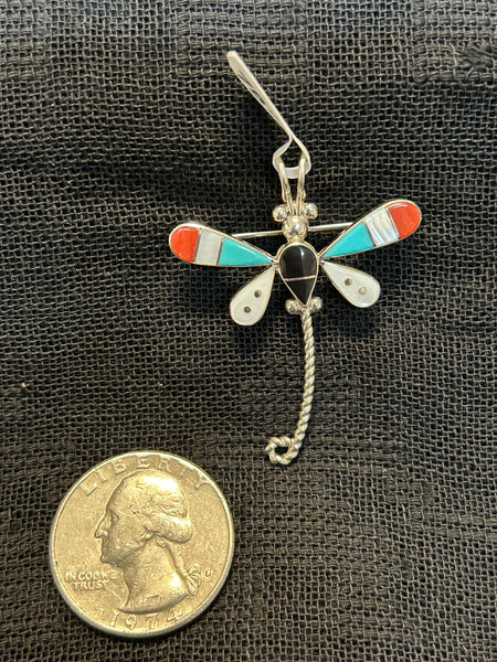 Zuni handcrafted sterling silver pin/pendant with genuine stone inlay.  LZ501
