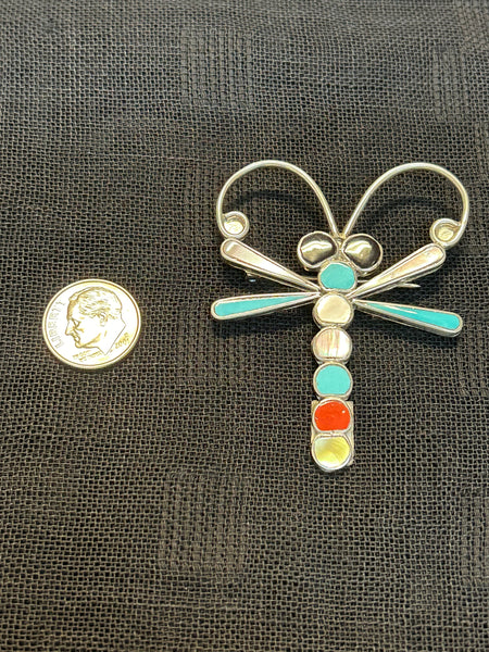 Zuni handcrafted sterling silver pin/pendant with genuine stone inlay. LZ526  By Emma Edaakie