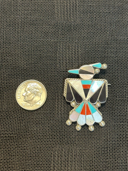 Zuni handcrafted sterling silver pin/pendant with genuine stone inlay.  LZ528