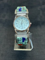 Handcrafted sterling silver watch band with genuine turquoise, Lapis, and coral.  LZ556 FREE SHIPPING IN THE CONTINENTAL USA.