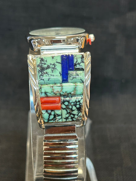 Handcrafted sterling silver watch band with genuine turquoise, Lapis, and coral.  LZ556 FREE SHIPPING IN THE CONTINENTAL USA.