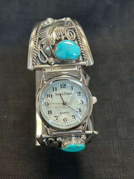 Navajo handcrafted sterling silver watch band with genuine turquoise LZ538