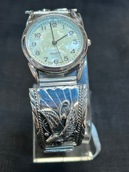 Navajo handcrafted sterling silver watch band with watch.  LZ543