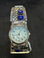 Navajo handcrafted sterling silver watch band with watch and genuine Lapis.  LZ544