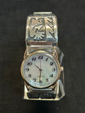 Navajo handcrafted sterling silver watch band with watch. Kokopelli design. LZ545