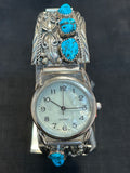 Navajo handcrafted sterling silver watch band with watch and genuine turquoise.  LZ547