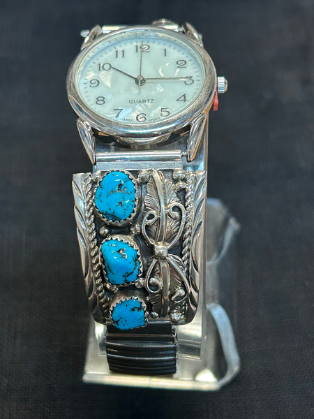 Navajo handcrafted sterling silver watch band with watch and genuine turquoise.  LZ547